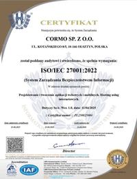 Cormo Sp. z o.o. receives ISO/IEC 27001:2022 certification.